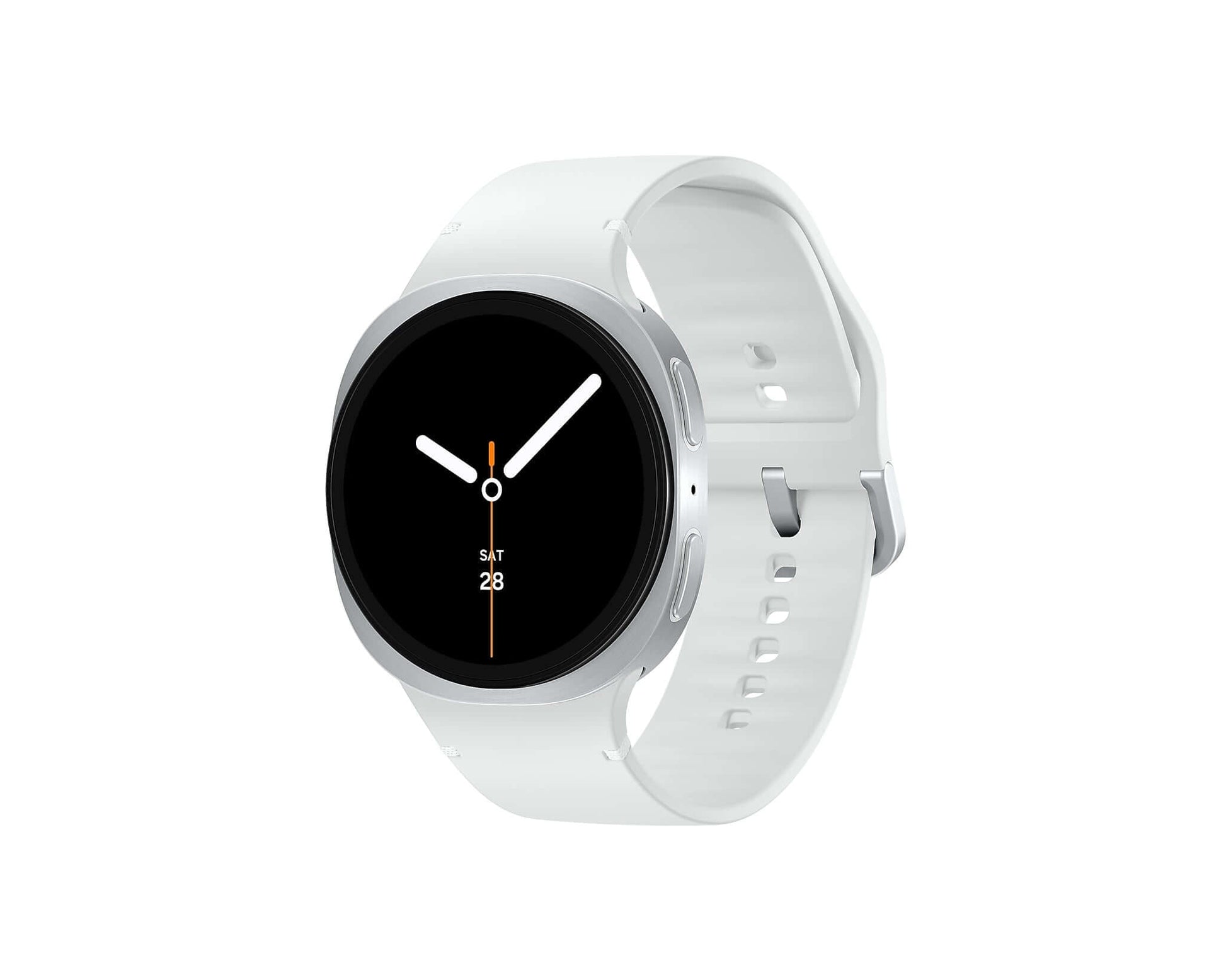 Silver Galaxy Watch 8 three-quarter view; black dial with orange details on silicone strap