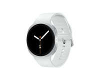 Silver Galaxy Watch 8 three-quarter view; black dial with orange details on silicone strap
