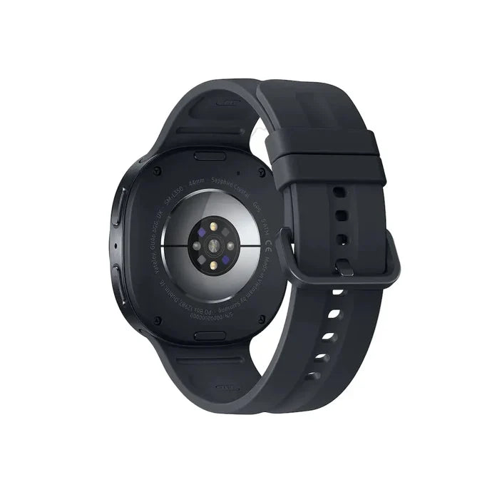 Samsung Galaxy Watch 9 smartwatch back view with dark gray case and sensor area