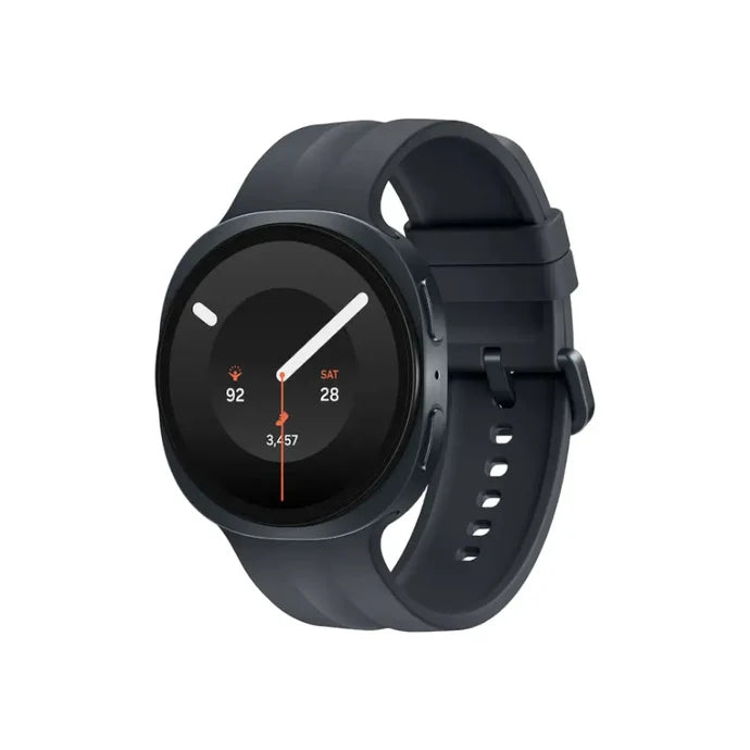 Samsung Galaxy Watch 9 smartwatch angled view, dark gray case with black circular display