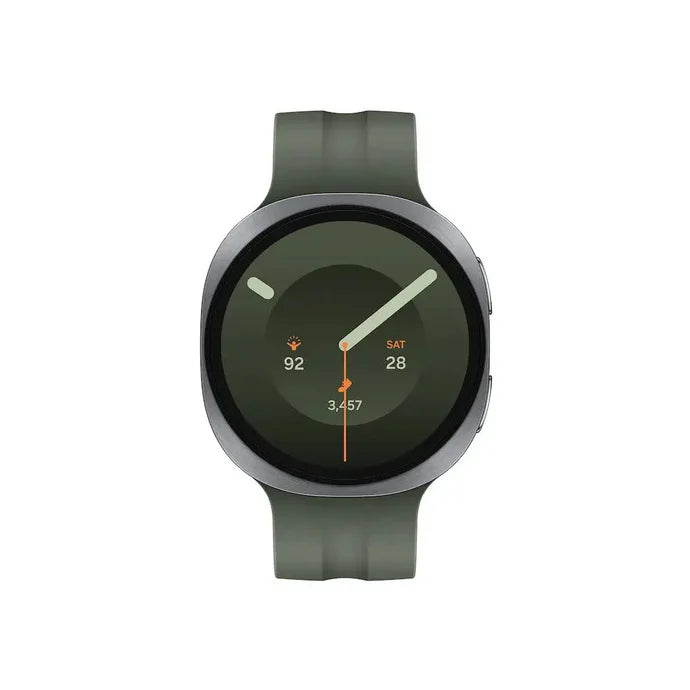 Samsung Galaxy Watch 9 smartwatch, silver-toned with olive band and green-tinted display