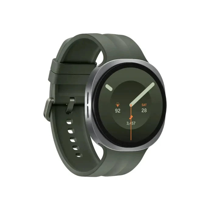 Samsung Galaxy Watch 9 smartwatch side view, olive band with green circular display