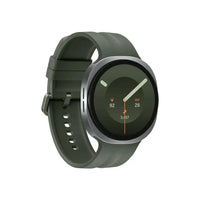 Samsung Galaxy Watch 9 smartwatch side view, olive band with green circular display