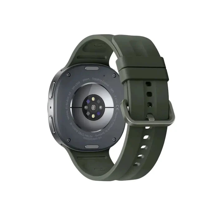 Samsung Galaxy Watch 9 smartwatch back view with olive band and dark gray sensor area