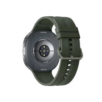 Samsung Galaxy Watch 9 smartwatch back view with olive band and dark gray sensor area