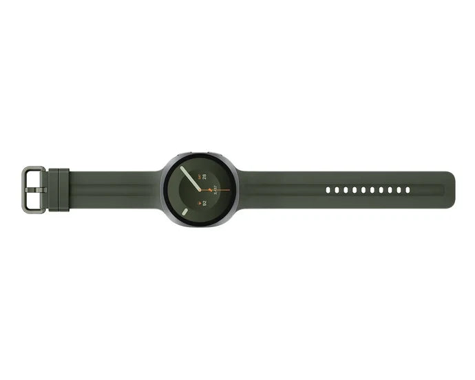 Samsung Galaxy Watch 9 smartwatch side profile with olive band and green-tinted display
