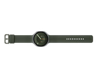 Samsung Galaxy Watch 9 smartwatch side profile with olive band and green-tinted display