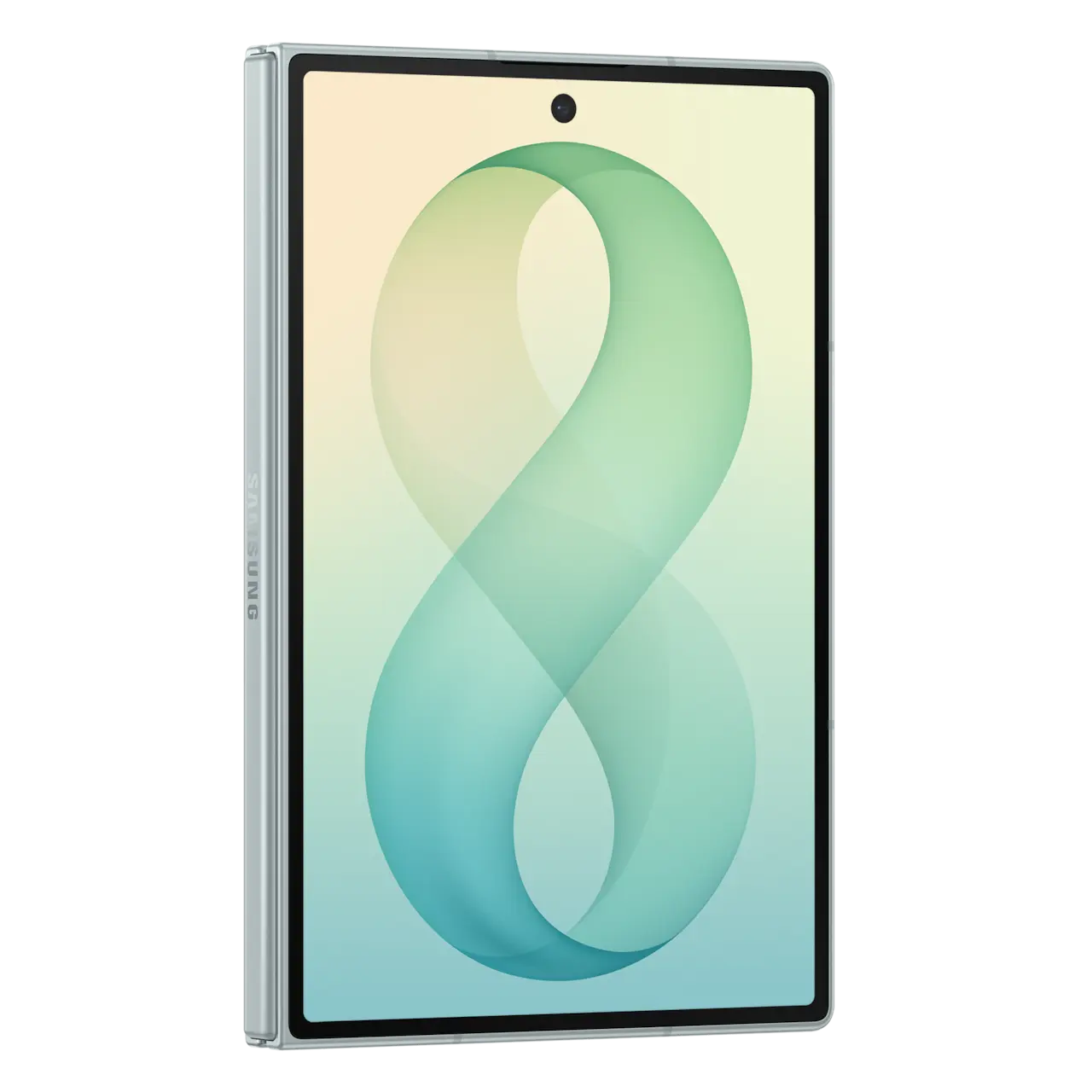 Foldable 5G smartphone front display, green-and-blue abstract wallpaper