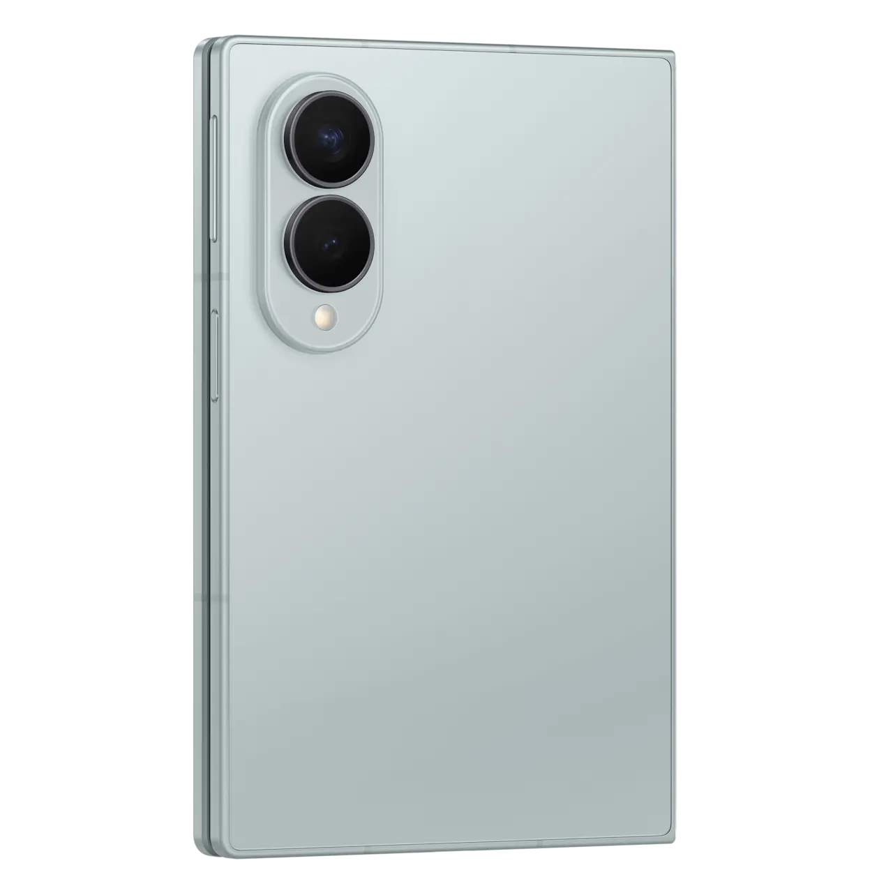 Foldable 5G smartphone rear view, light gray with dual cameras and side edge