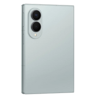 Foldable 5G smartphone rear view, light gray with dual cameras and side edge