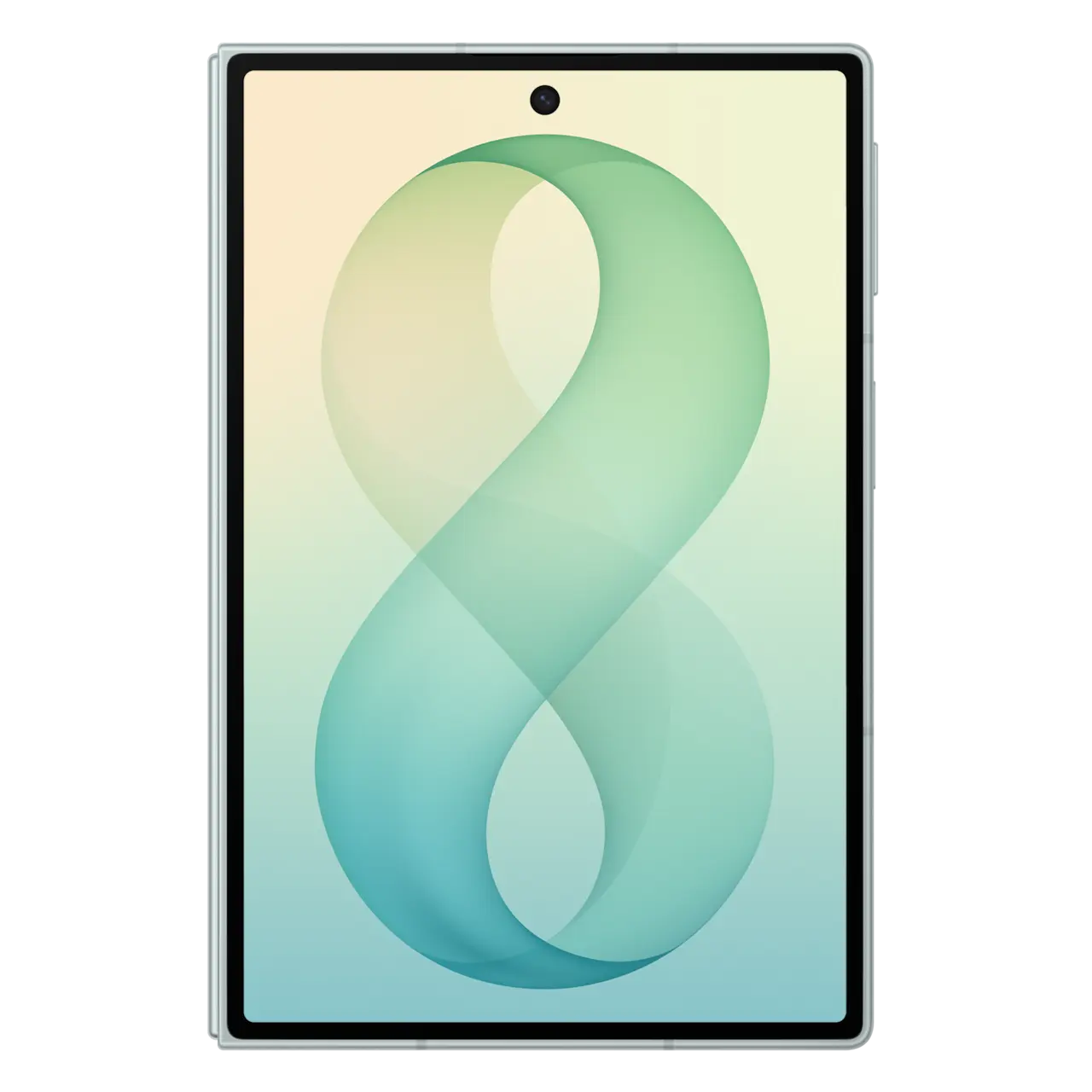 Foldable 5G smartphone front display, green-and-blue abstract wallpaper