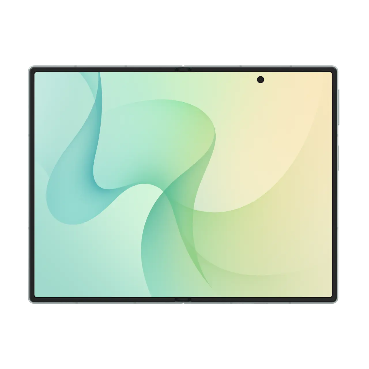 Foldable 5G smartphone on-screen view, green and blue abstract pattern