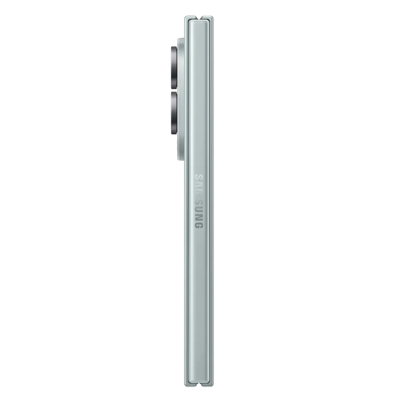Foldable 5G smartphone side profile, slim light gray frame