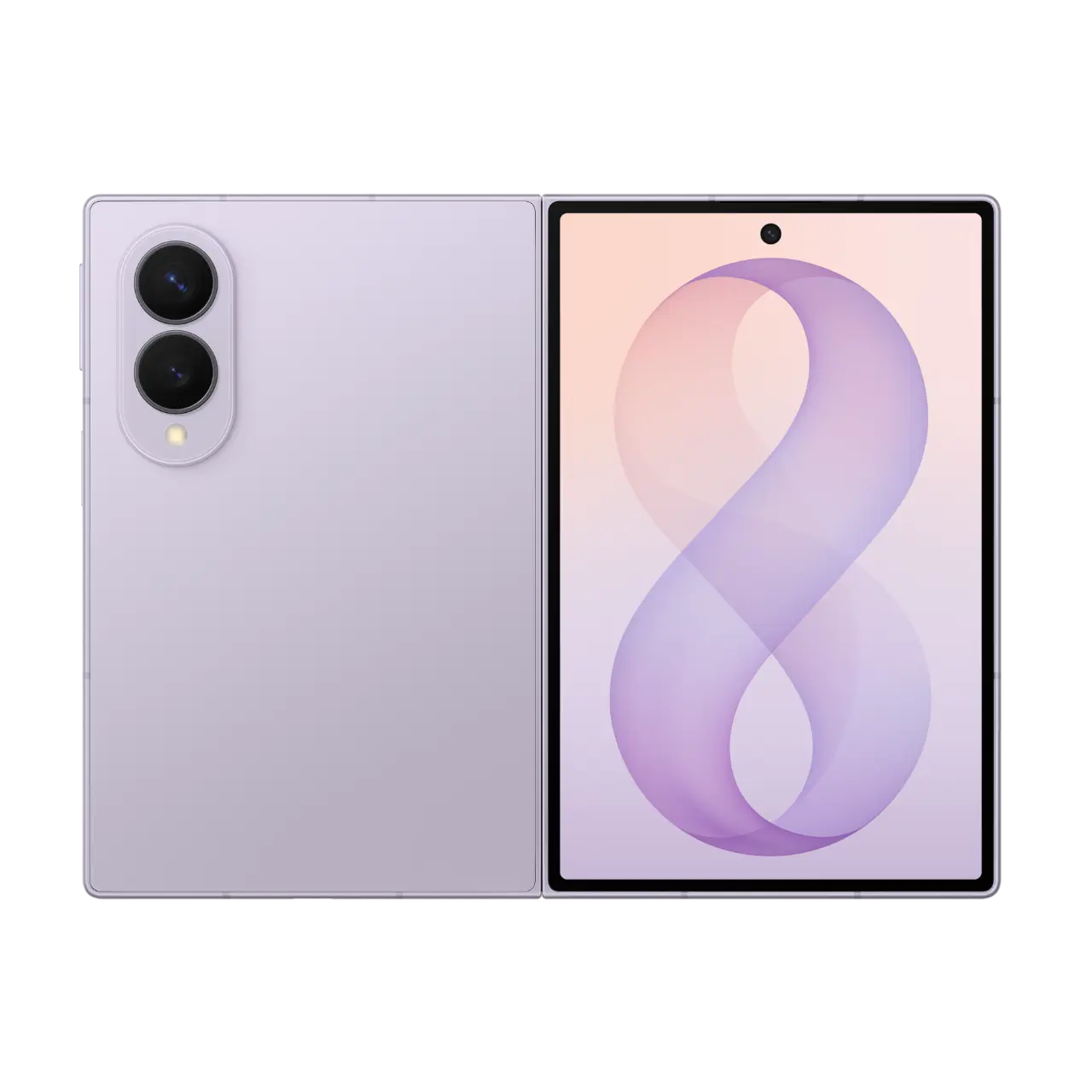 Samsung Galaxy Z Fold 8 5G foldable phone, lavender back and open display with dual rear cameras