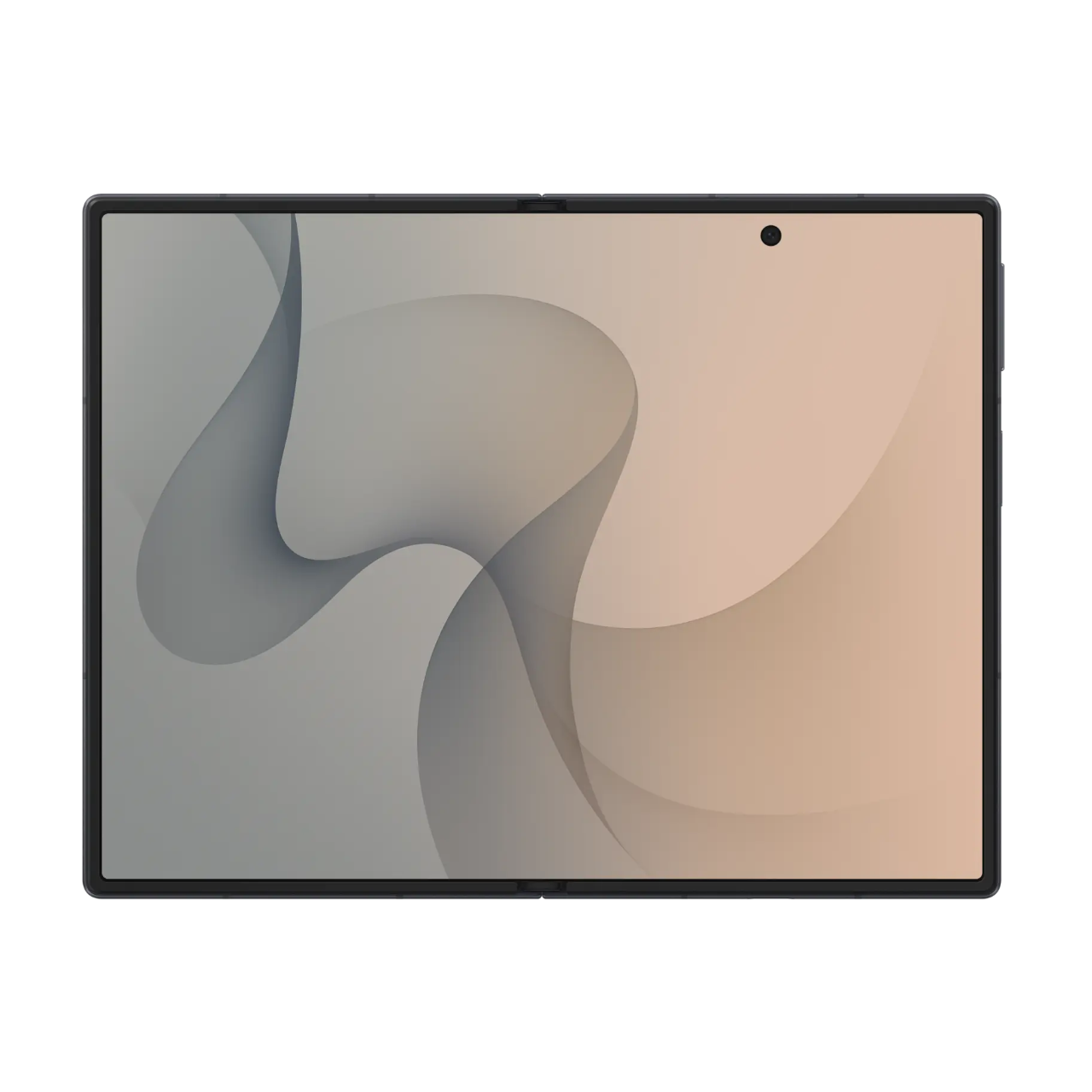 Foldable smartphone front view, angled lavender display with centered camera