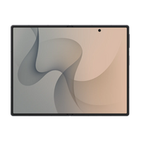 Foldable smartphone front view, angled lavender display with centered camera