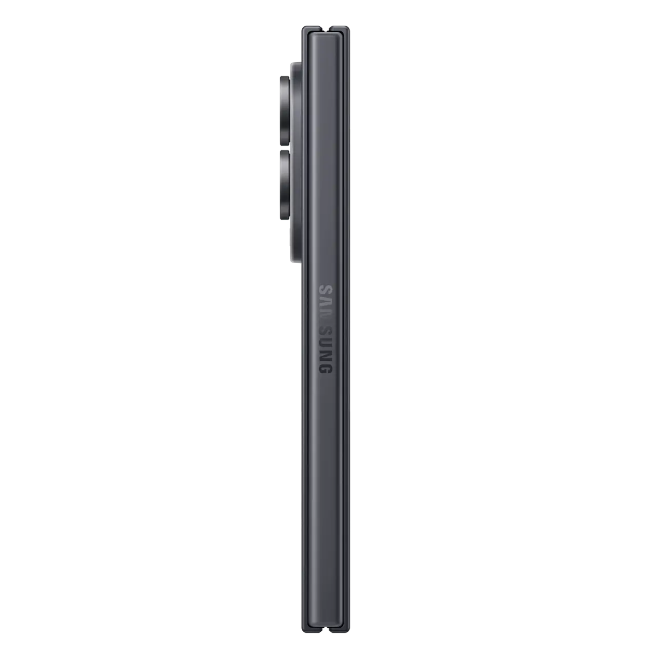 Foldable smartphone side view, dark graphite frame with hinge edge