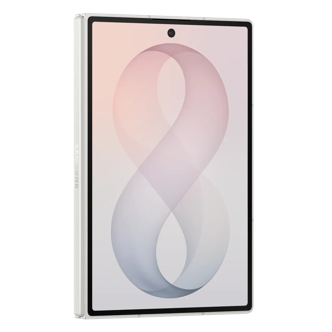 Foldable smartphone front view, lavender screen with top camera