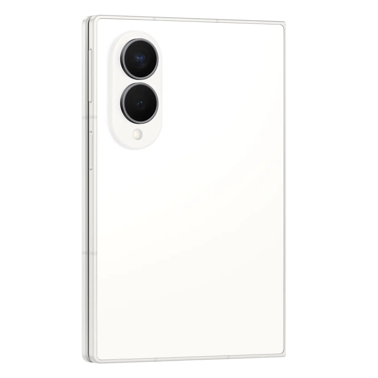 Foldable smartphone back view, cream finish and dual cameras from angle