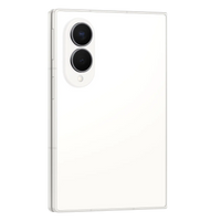 Foldable smartphone back view, cream finish and dual cameras from angle