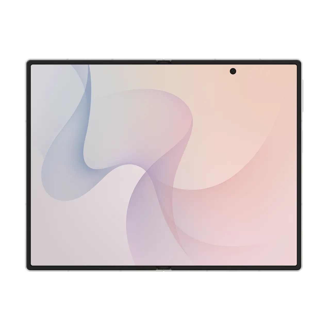 Foldable smartphone front view, close angled lavender display with camera