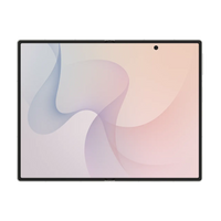 Foldable smartphone front view, close angled lavender display with camera