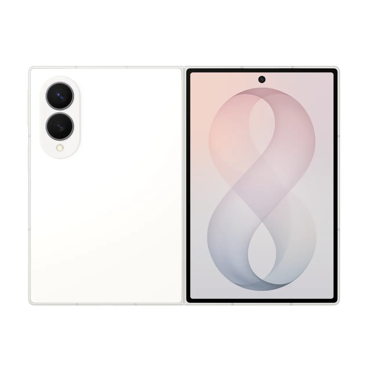 Foldable smartphone pair view, cream back with dual cameras and lavender front