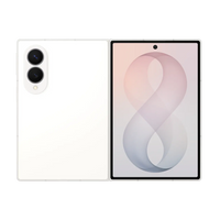 Foldable smartphone pair view, cream back with dual cameras and lavender front