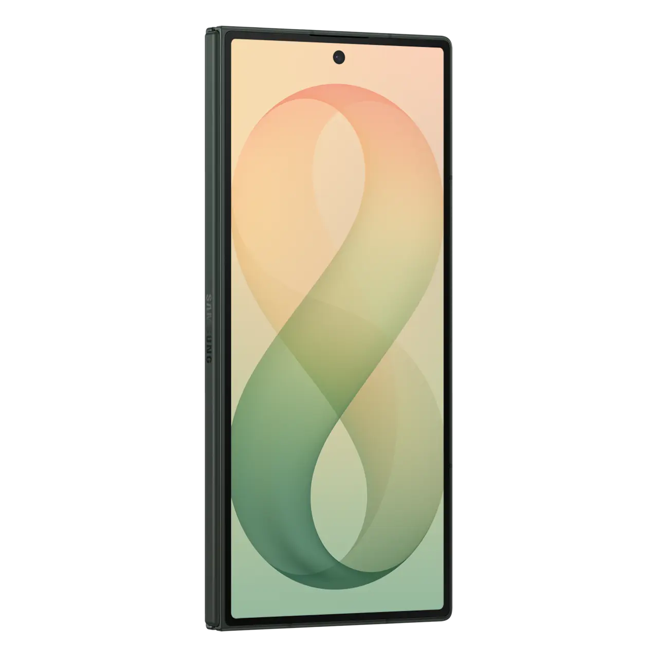 Foldable 5G smartphone in dark green with front display and top camera hole