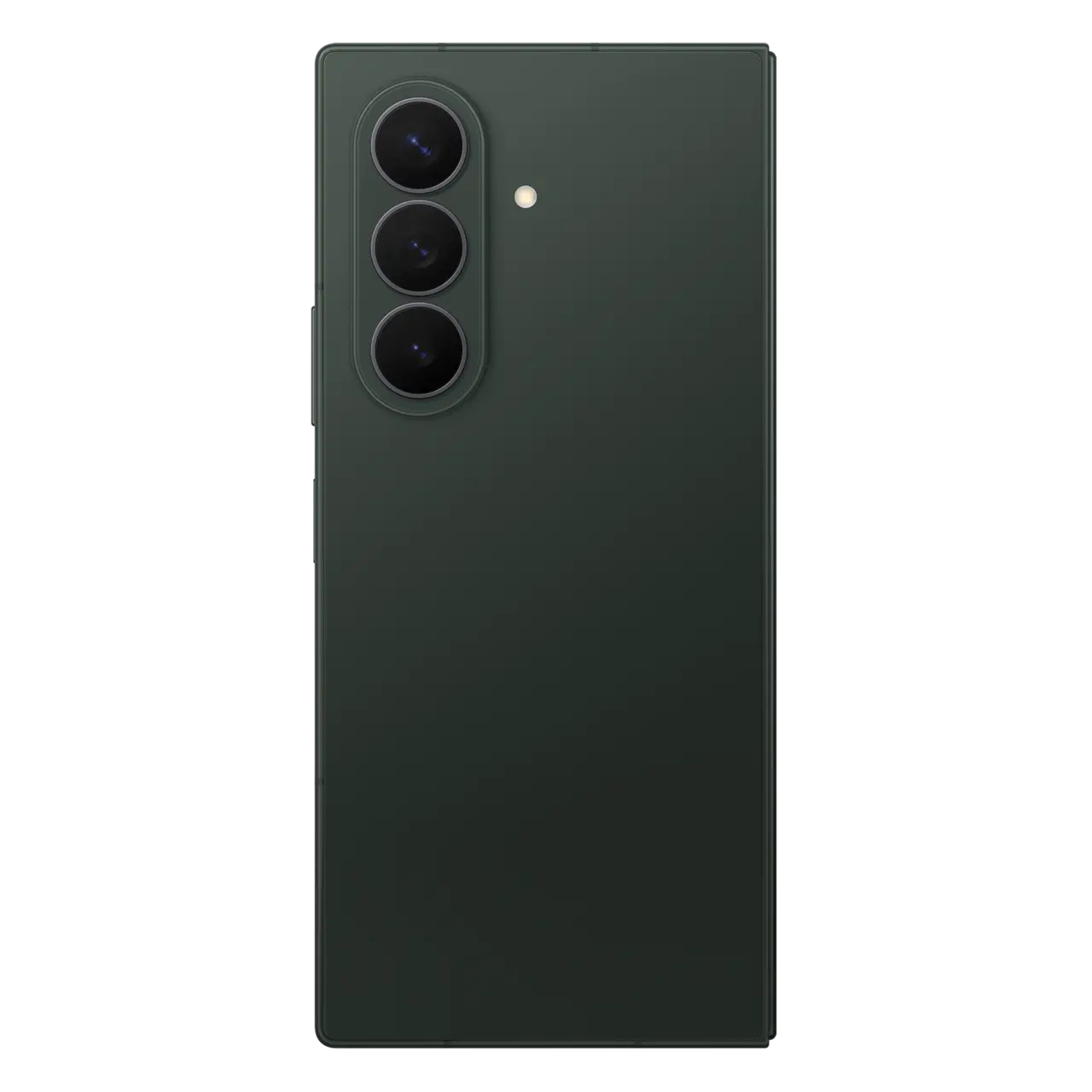 Foldable 5G smartphone back view in dark green with triple camera lenses