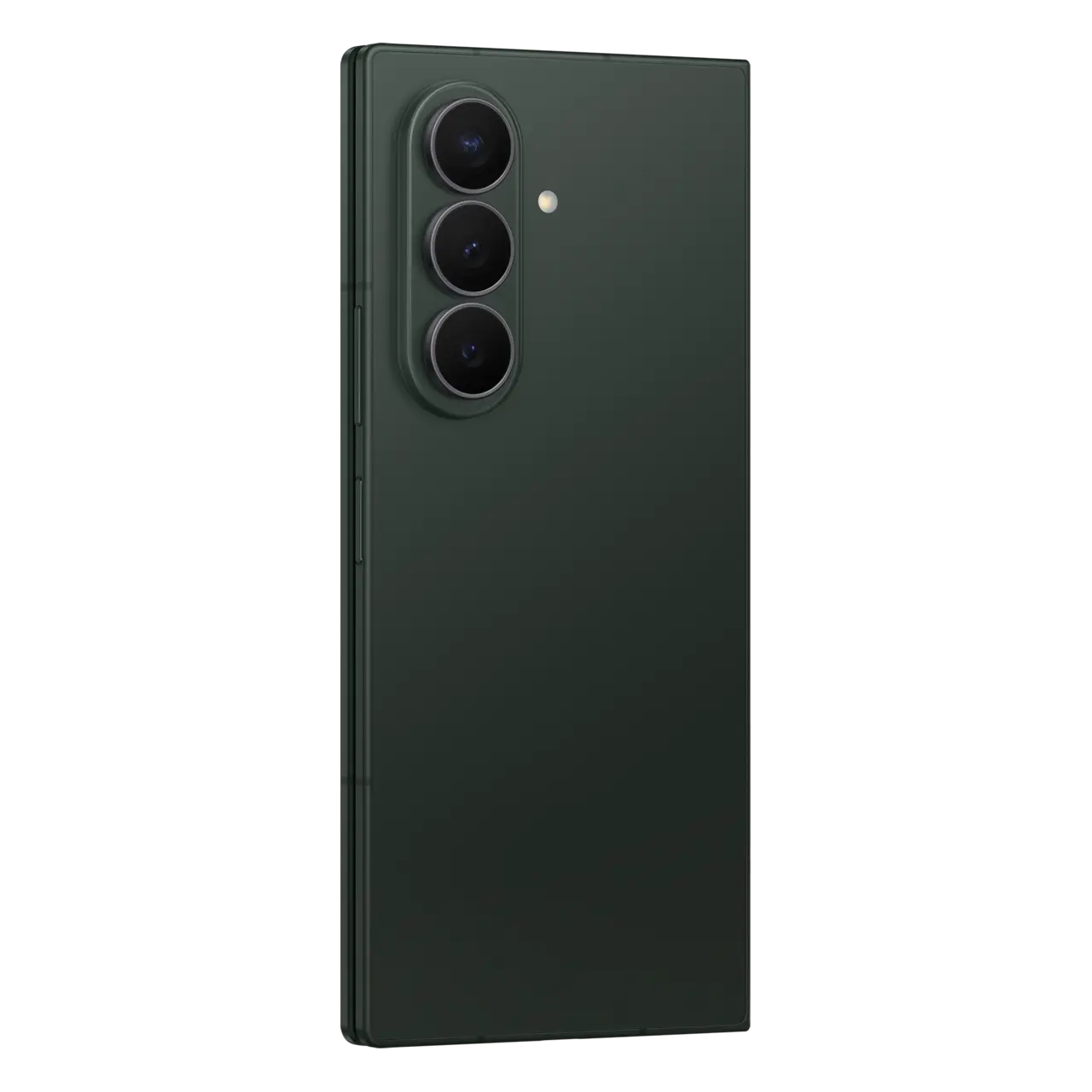 Foldable 5G smartphone back view in dark green with triple rear cameras