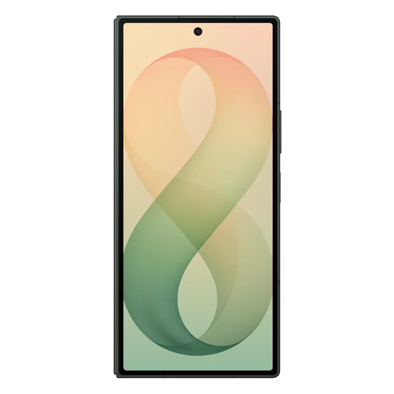 Foldable 5G smartphone with green-toned front display and dark frame