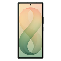 Foldable 5G smartphone with green-toned front display and dark frame