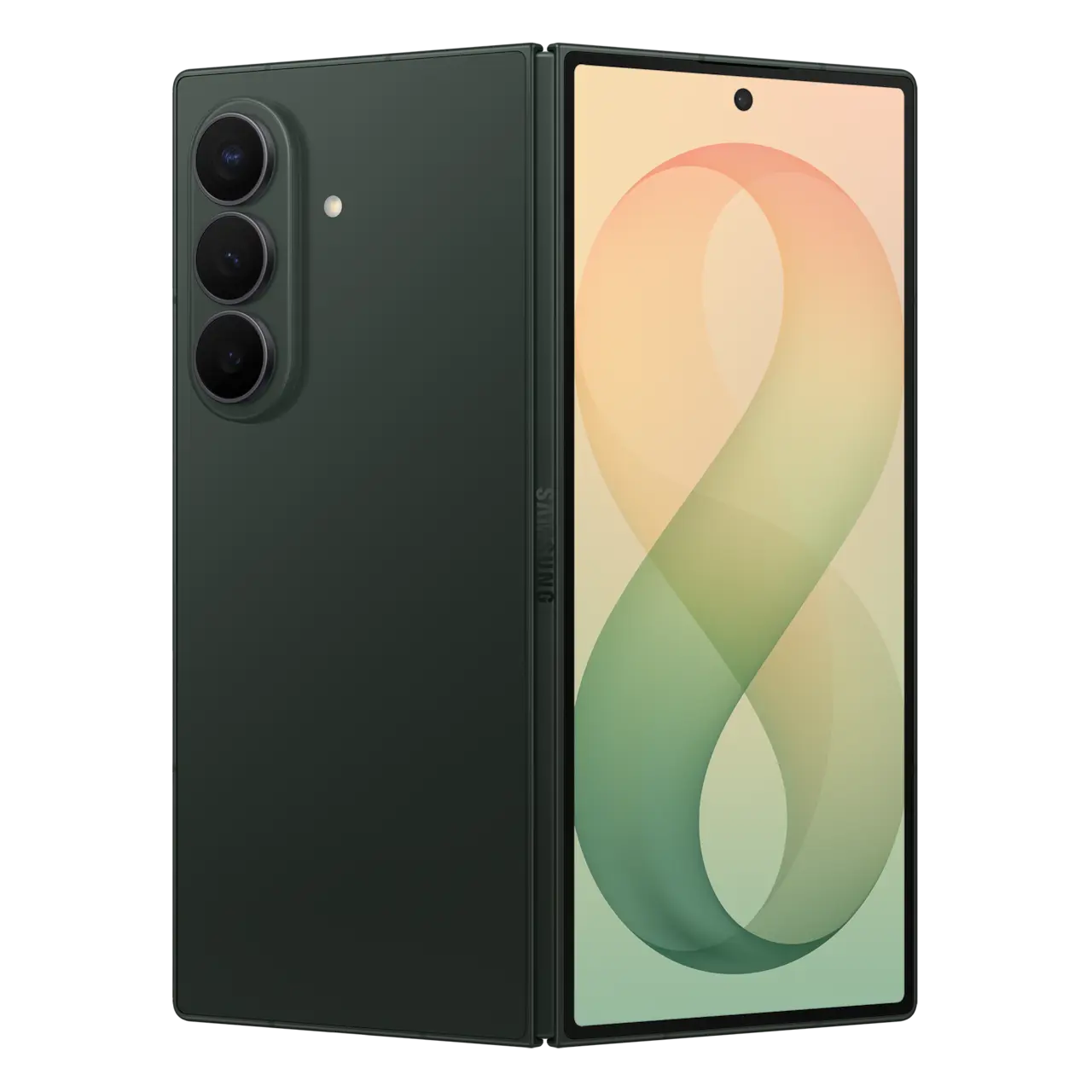 Foldable 5G smartphone in dark green with triple rear camera array