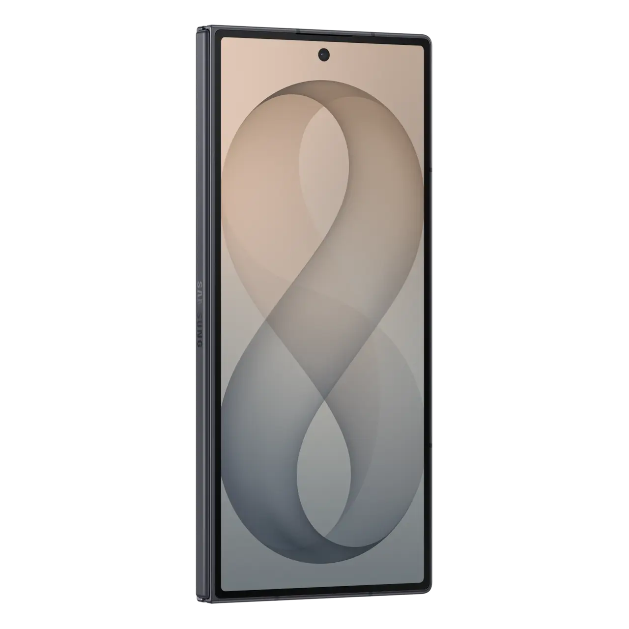 Samsung foldable smartphone in cream, front view with light beige and gray curved wallpaper