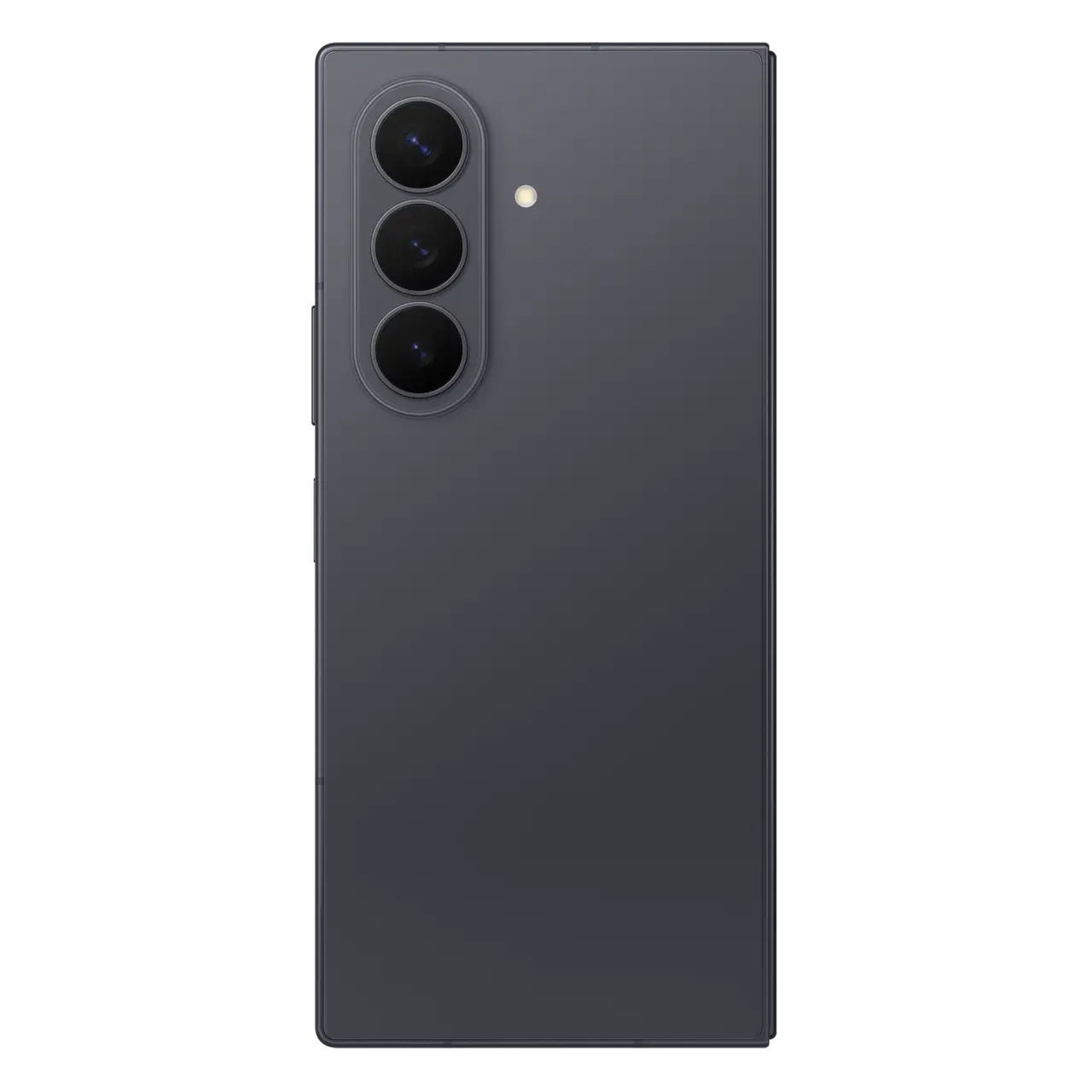 Samsung foldable smartphone in graphite, back view with triple camera and flash dot