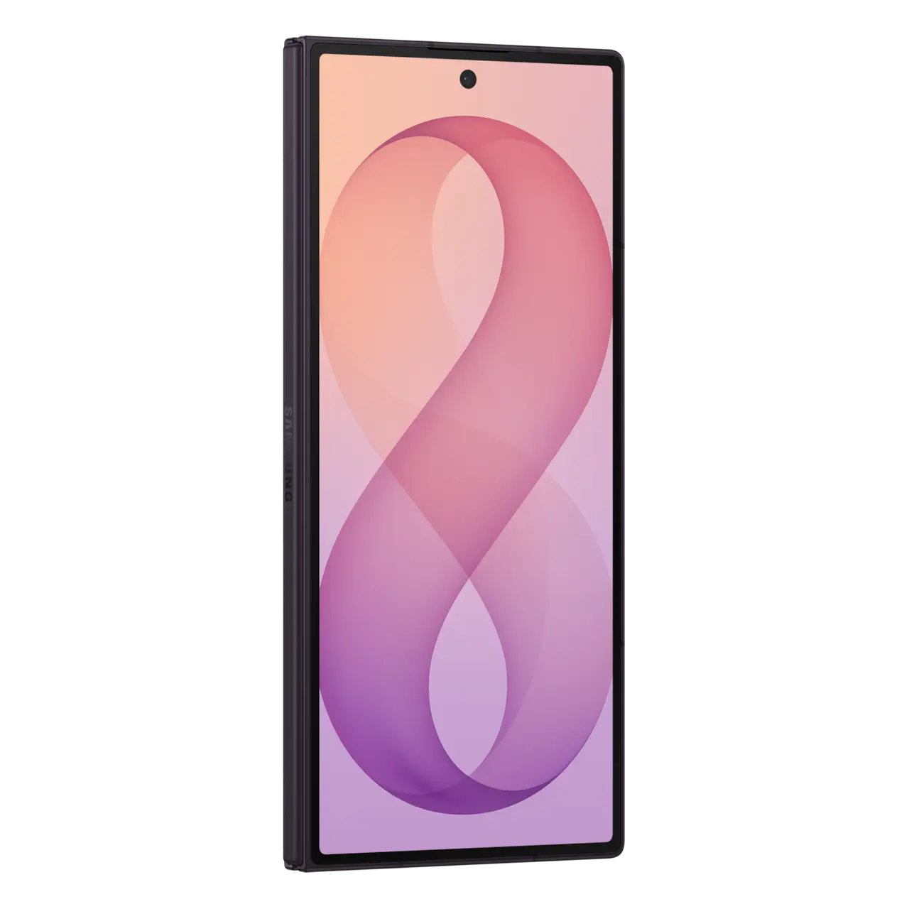 Samsung foldable smartphone in violet shadow, front view with pink abstract wallpaper