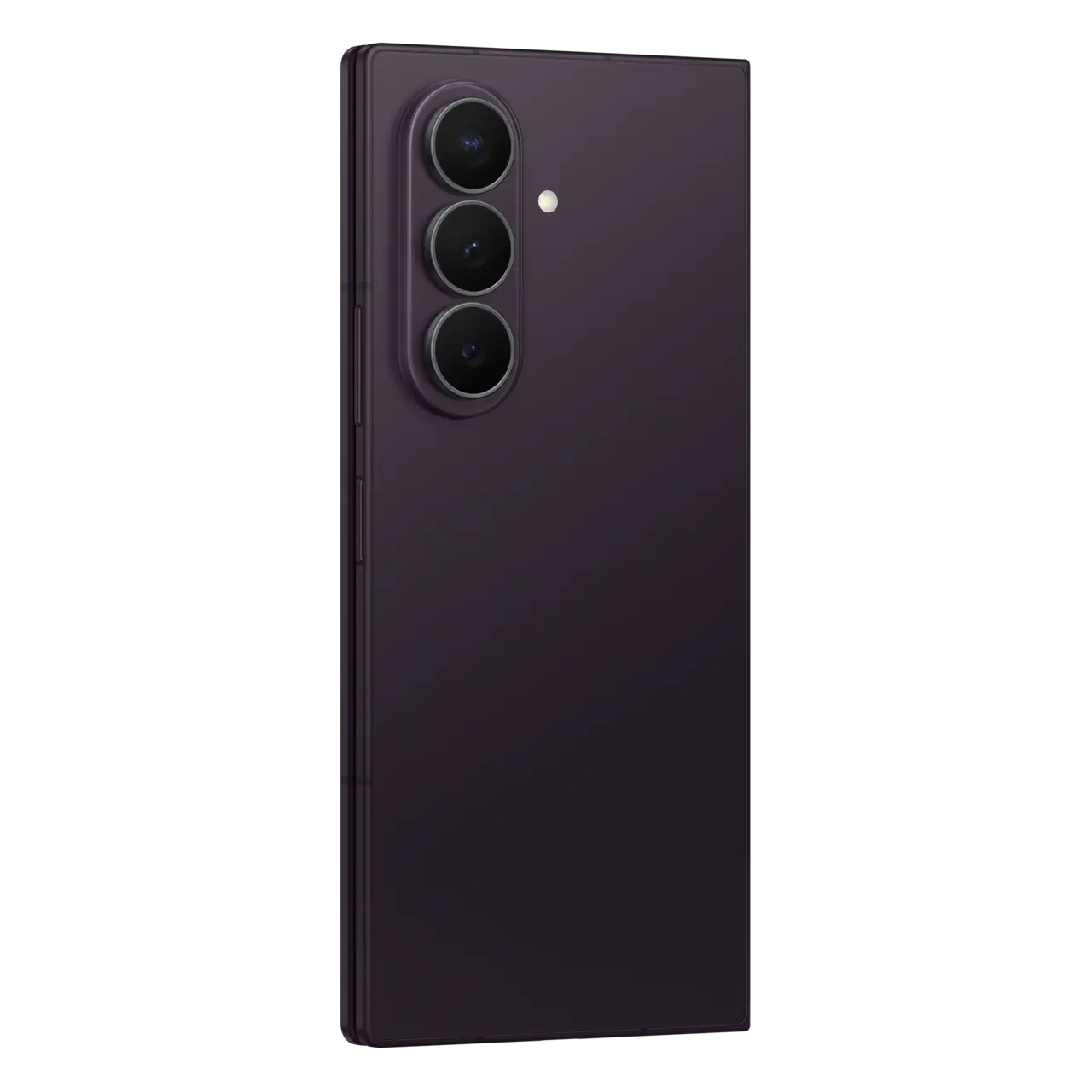 Samsung foldable smartphone in graphite, angled back with triple camera lenses