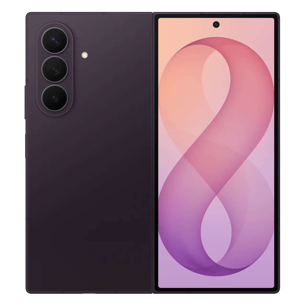 Samsung foldable smartphone in violet shadow, back and front shown together