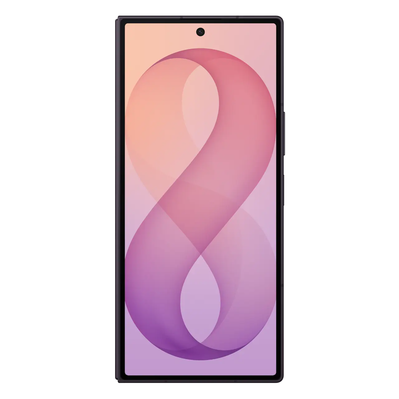 Samsung foldable smartphone in violet shadow, front display with purple-pink curve design