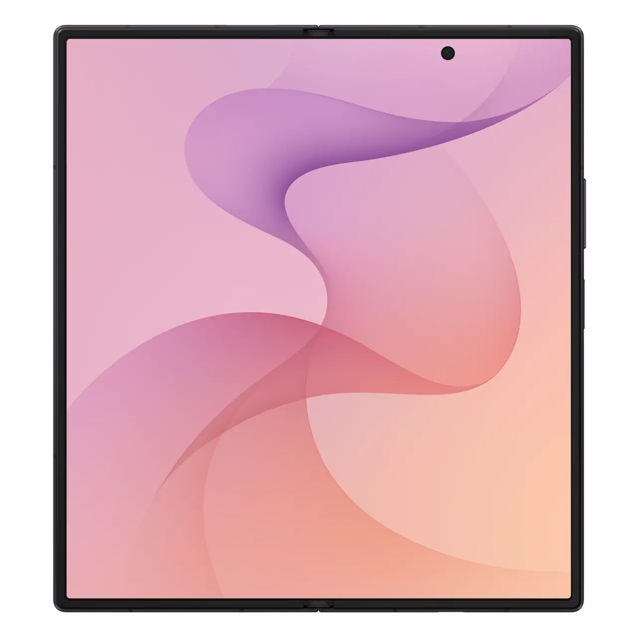 Samsung foldable smartphone in violet shadow, front display detail with abstract ribbon shapes