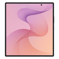 Samsung foldable smartphone in violet shadow, front display detail with abstract ribbon shapes