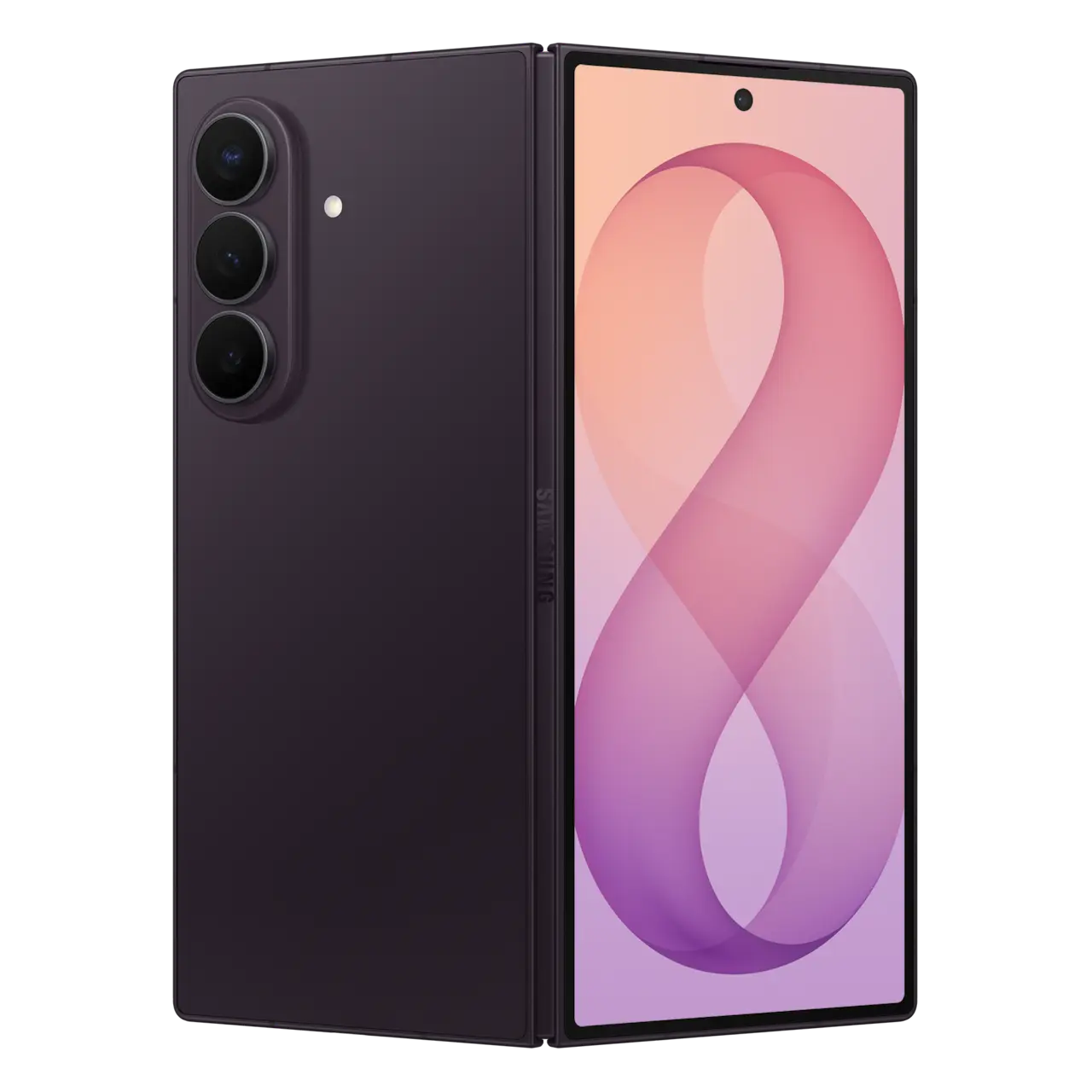 Samsung foldable smartphone in violet shadow, front display and triple rear camera visible