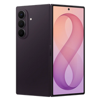 Samsung foldable smartphone in violet shadow, front display and triple rear camera visible