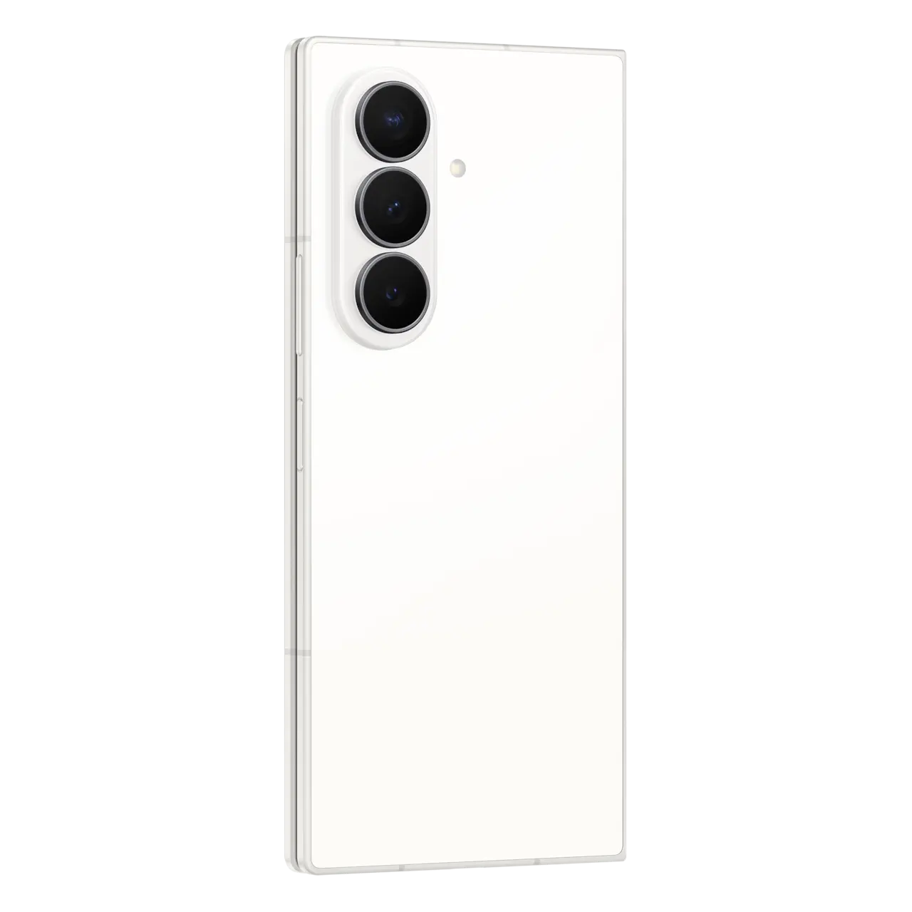 Foldable 5G smartphone, white back from side angle with triple cameras
