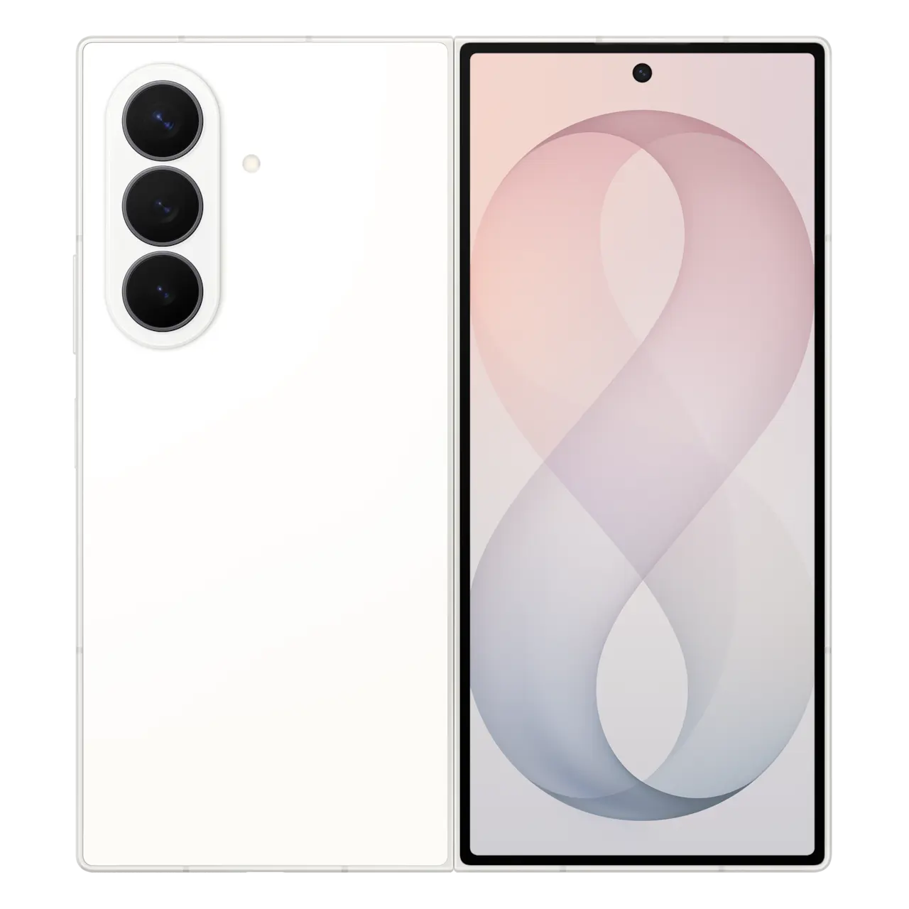 Foldable 5G smartphone, white back and unfolded front display