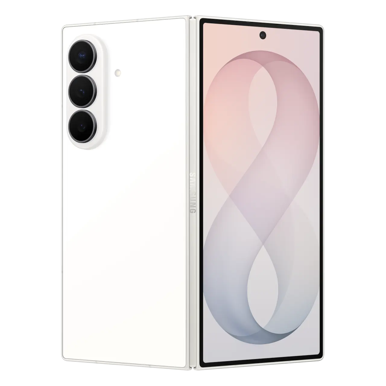 Foldable 5G smartphone, white back with triple camera and unfolded front