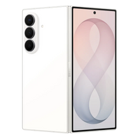 Foldable 5G smartphone, white back with triple camera and unfolded front
