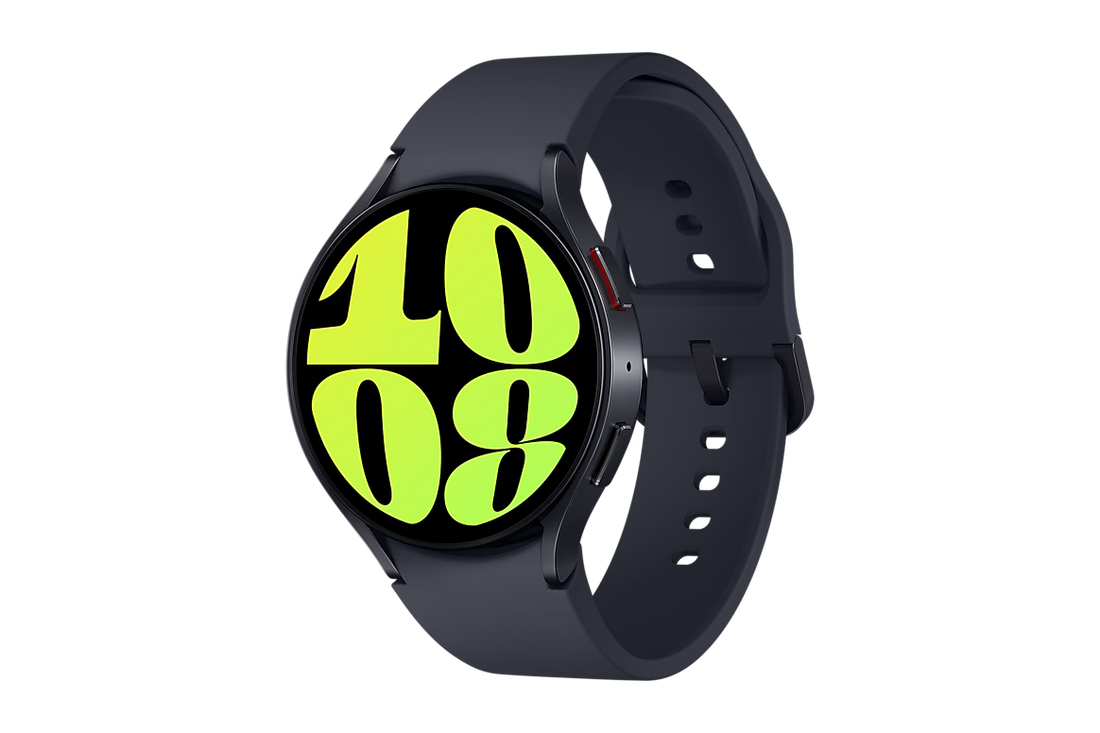Black smart watch with neon green digital display and dark silicone strap