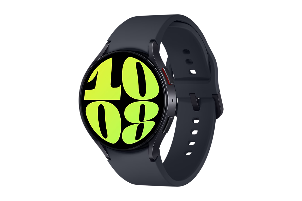 Black smart watch with neon green digital display and dark silicone strap